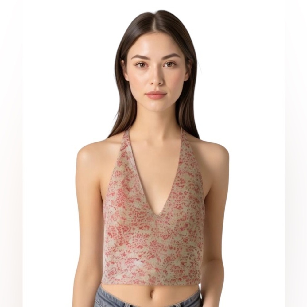 SHEIN Floral Print Cropped Tie Back Halter Tank Top L